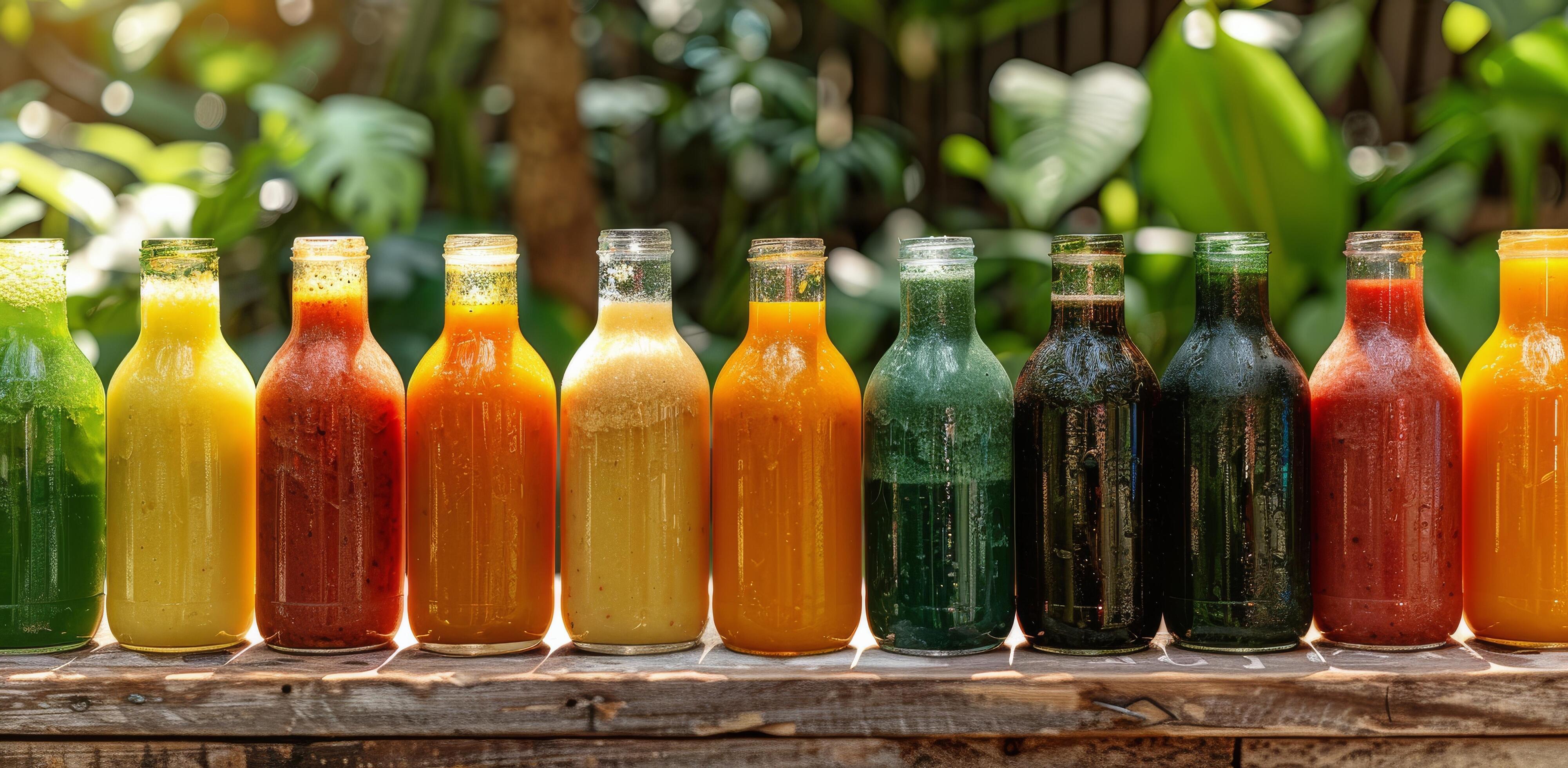 Colorful Glass Bottles of Juice Lined Up on Wooden Table With Green Plants in Background Stock Free