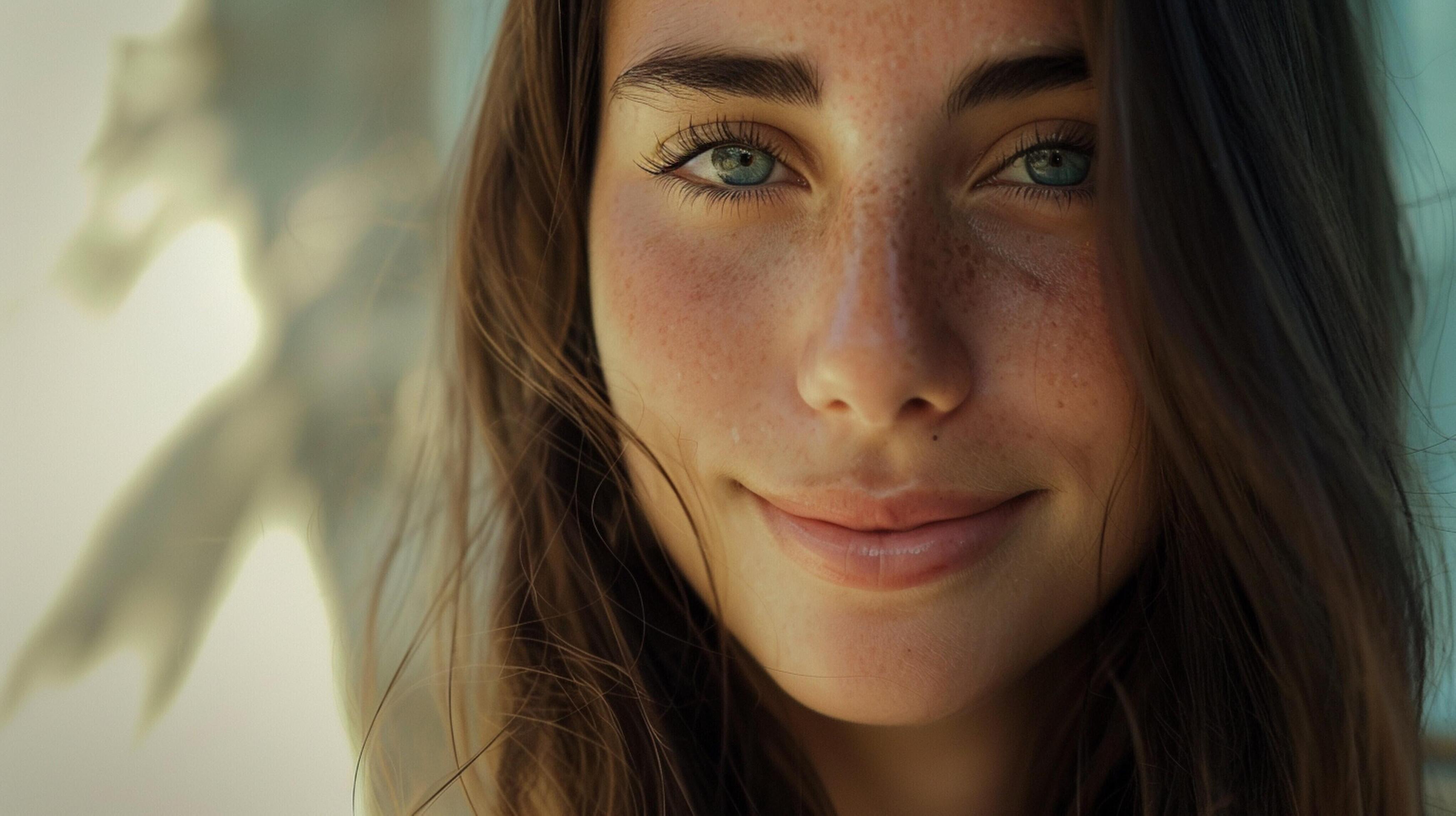 young woman with long brown hair smiling Stock Free