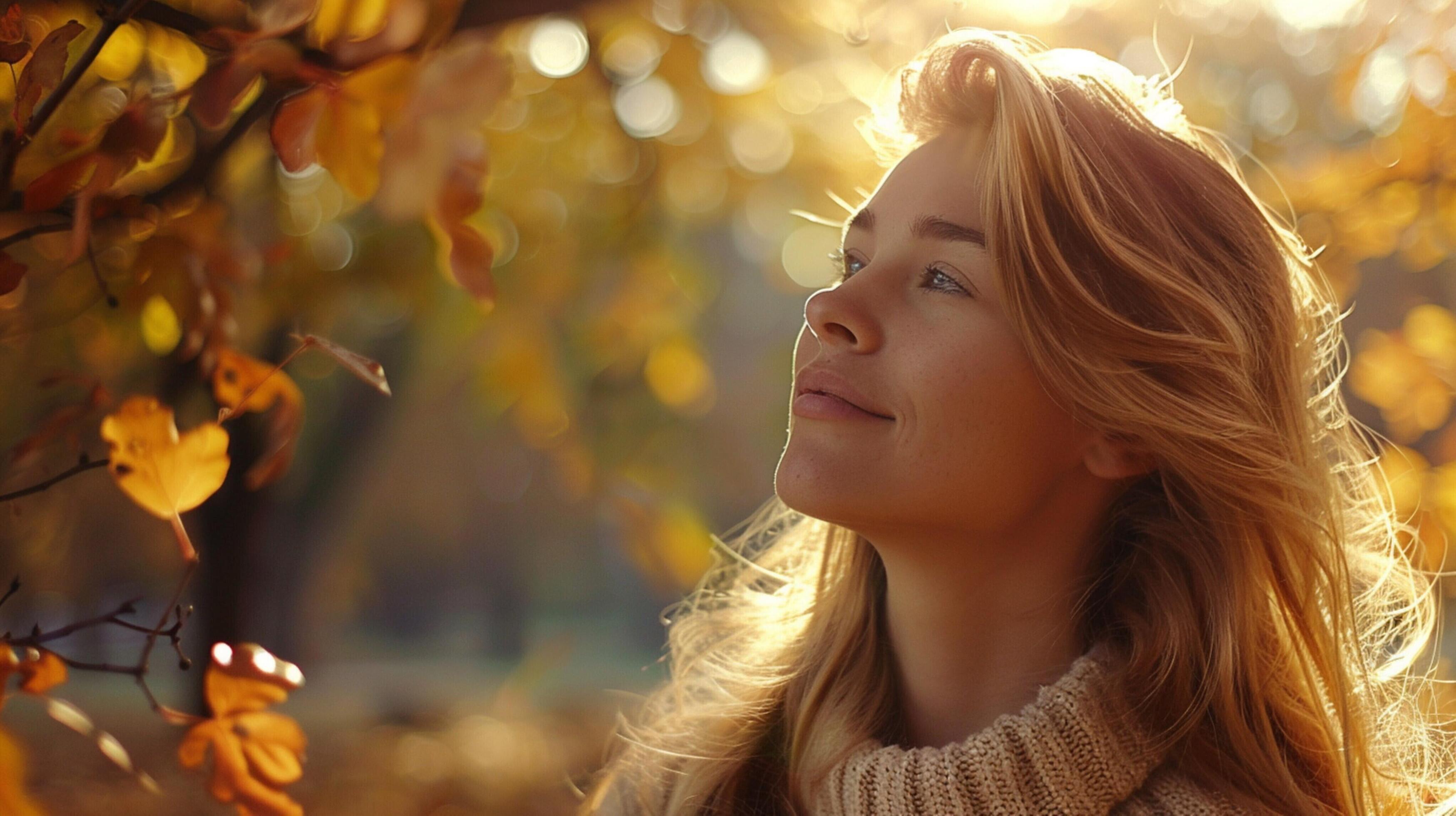 young woman with long blond hair enjoying autumn Stock Free